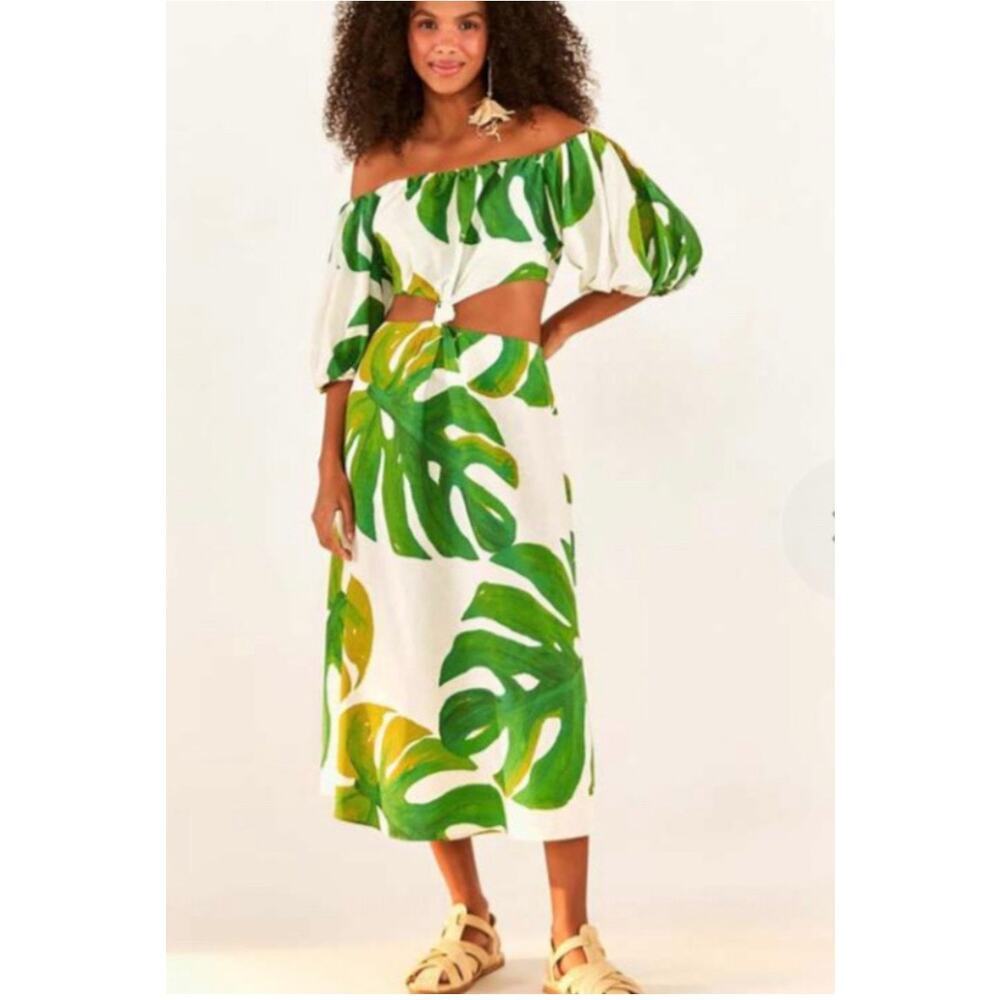 B47 Farm‎ Rio Monstera Midi Knot Dress Womens Medium Linen Blend Cutout Tropical